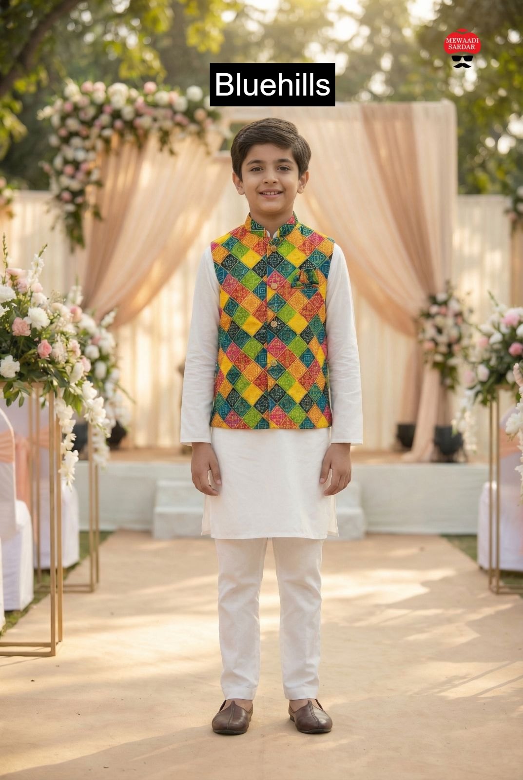 Raj Tilak With Jacket Bluehills Satin Boys Kurta Pyjama Wholesaler Gujarat