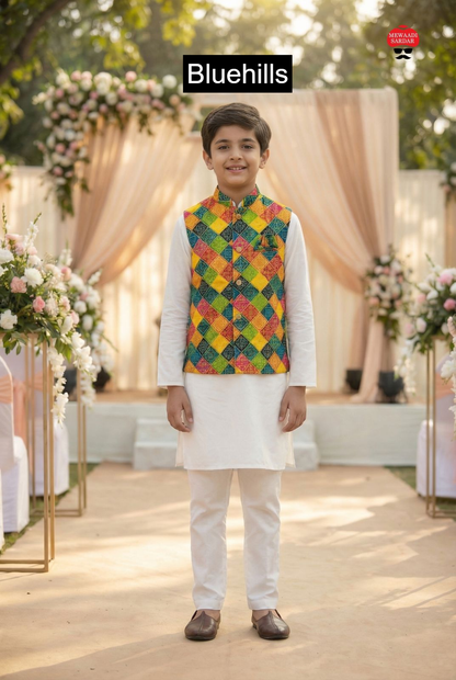 Raj Tilak With Jacket Bluehills Satin Boys Kurta Pyjama Wholesaler Gujarat