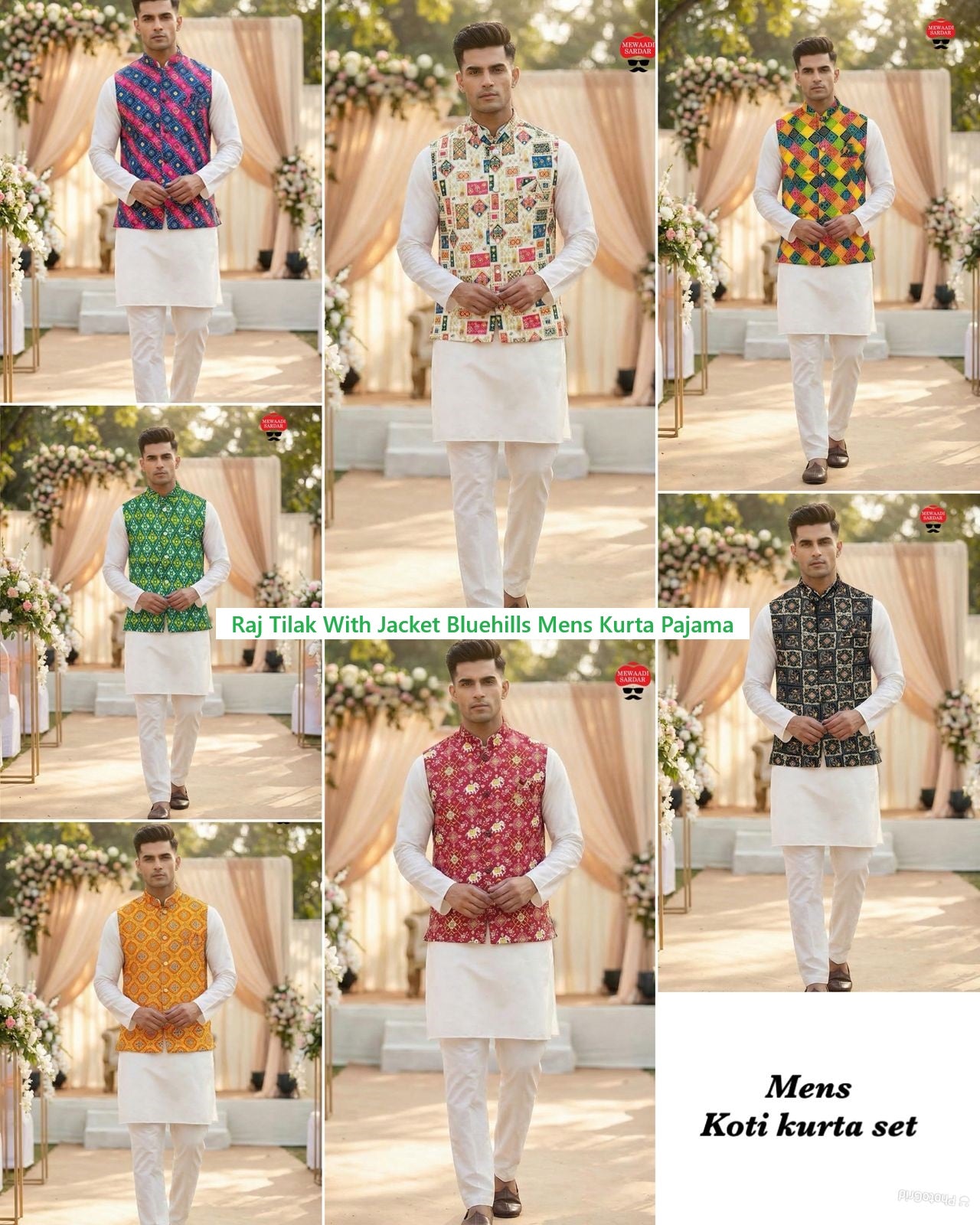 Raj Tilak With Jacket Bluehills Satin Mens Kurta Pajama Wholesale