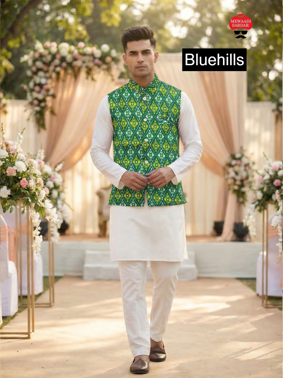 Raj Tilak With Jacket Bluehills Satin Mens Kurta Pajama Wholesale