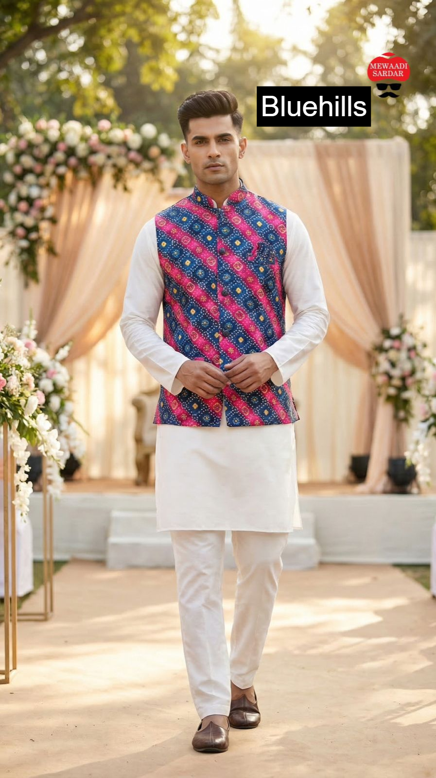 Raj Tilak With Jacket Bluehills Satin Mens Kurta Pajama Wholesale