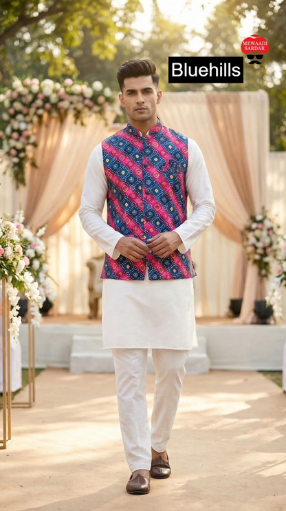 Raj Tilak With Jacket Bluehills Satin Mens Kurta Pajama Wholesale