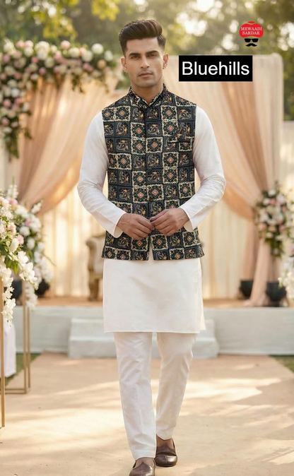 Raj Tilak With Jacket Bluehills Satin Mens Kurta Pajama Wholesale