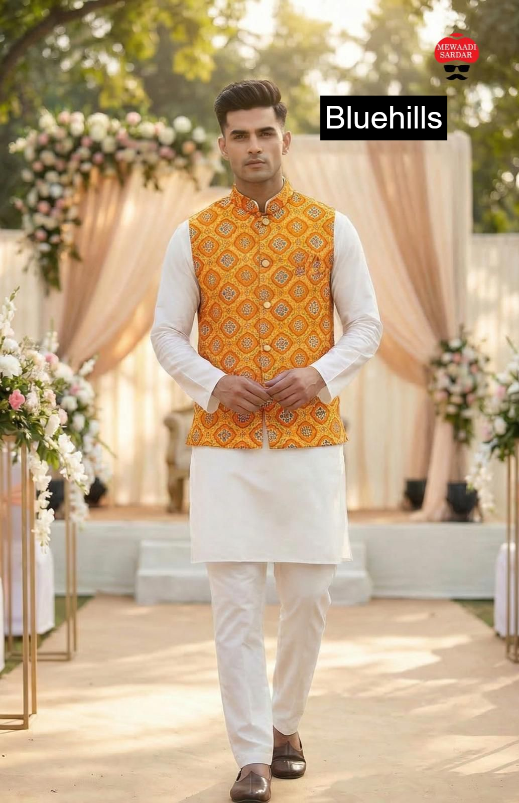 Raj Tilak With Jacket Bluehills Satin Mens Kurta Pajama Wholesale
