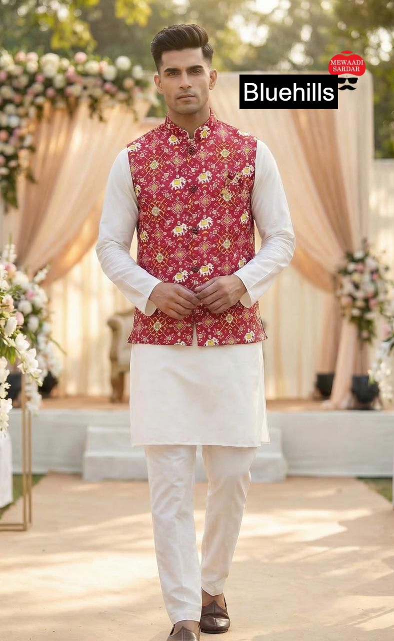 Raj Tilak With Jacket Bluehills Satin Mens Kurta Pajama Wholesale