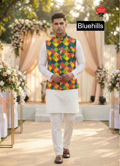 Raj Tilak With Jacket Bluehills Satin Mens Kurta Pajama Wholesale