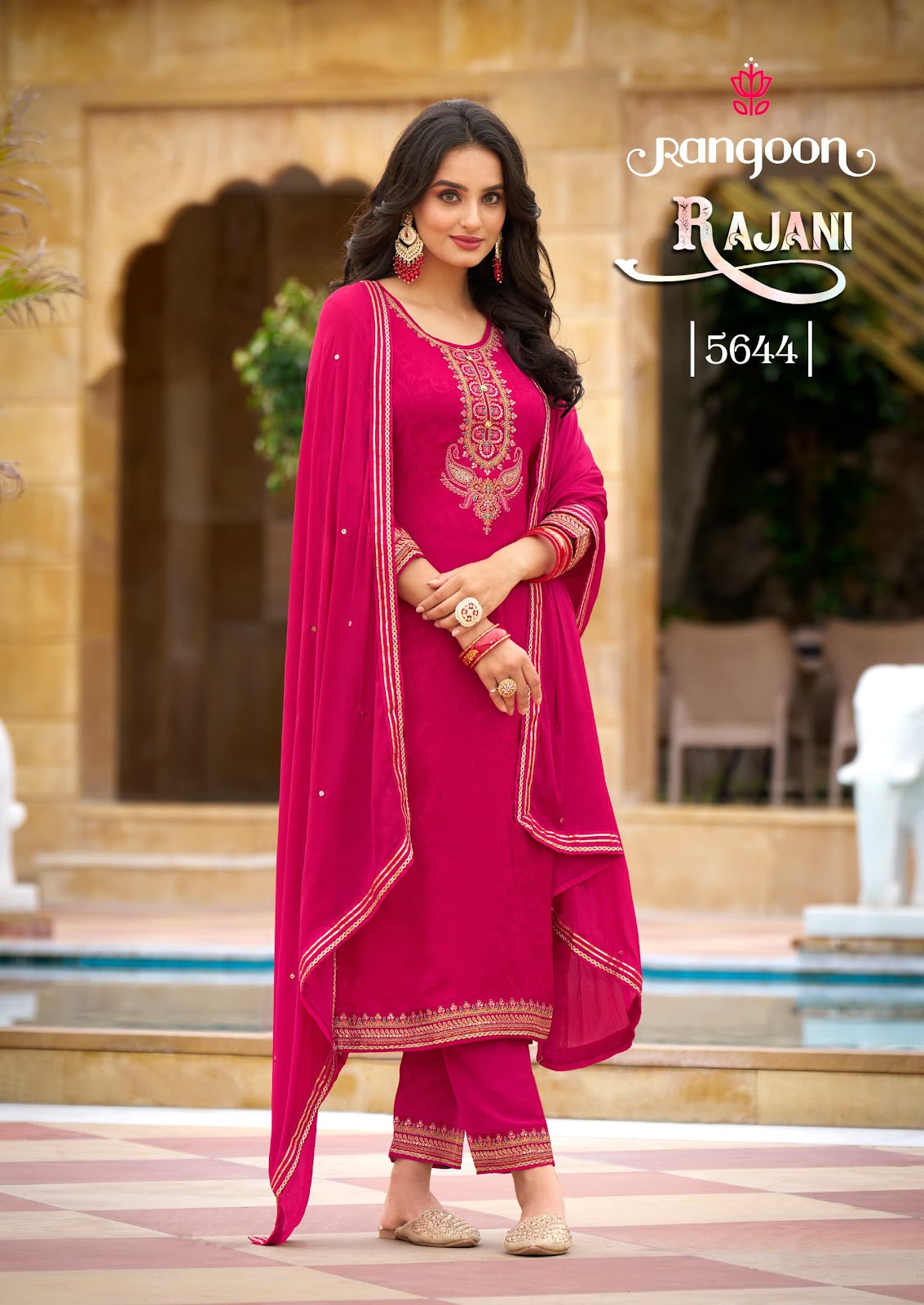 Rajani Rangoon Chinon Readymade Pant Style Suits Supplier