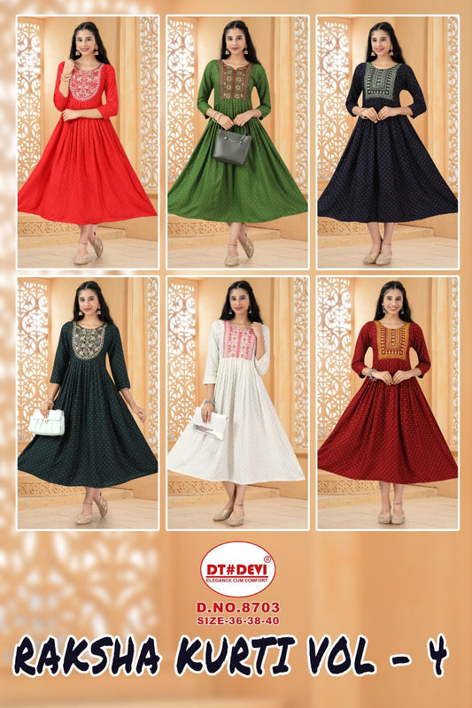 Raksha Vol 4 8703 Dt Devi Rayon Anarkali Kurtis Exporter