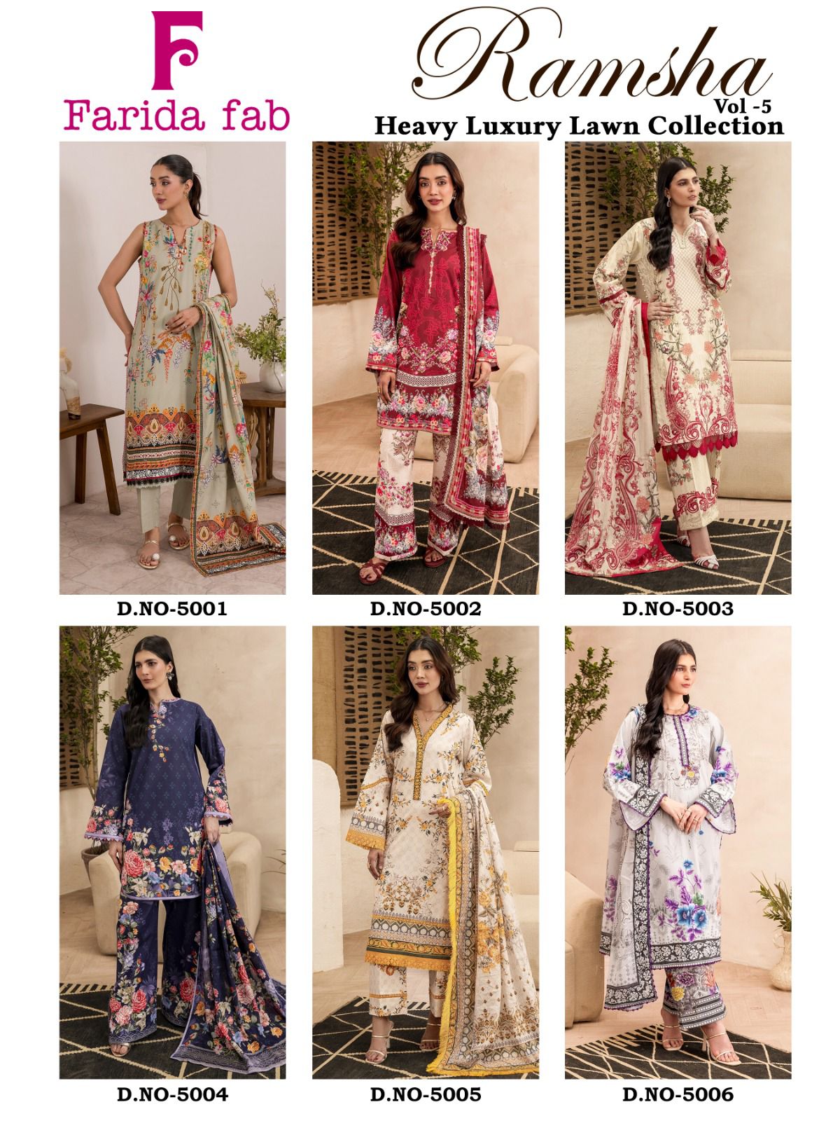 Ramsha Vol 5 Heavy Luxury Lawn Collection Farida Fab Karachi Salwar Suits Wholesale Rate