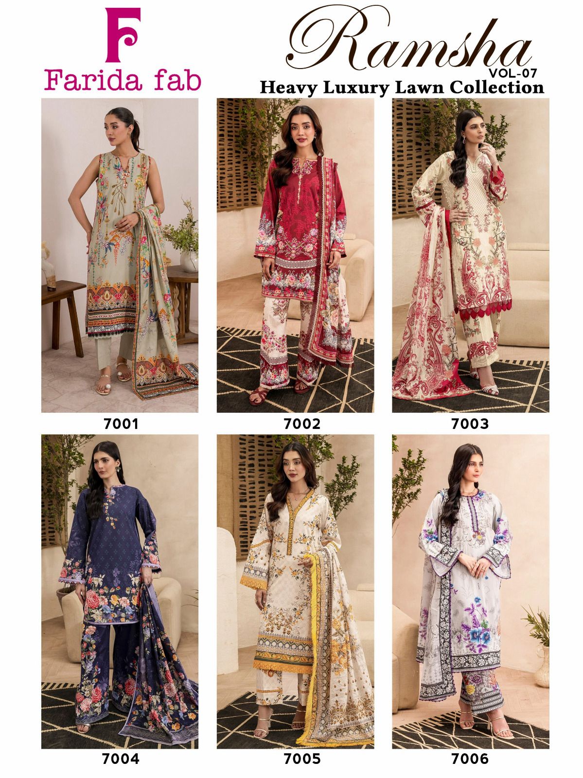 Ramsha Vol 7 Farida Fab Lawn Cotton Karachi Salwar Suits Wholesaler