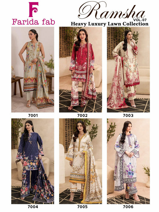 Ramsha Vol 7 Farida Fab Lawn Cotton Karachi Salwar Suits Wholesaler