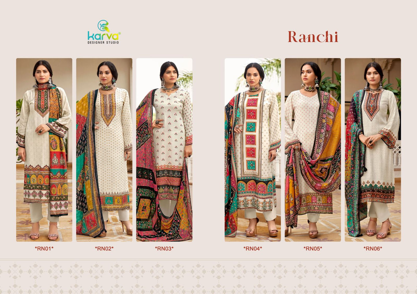 Ranchi Karva Designer Studio Viscose Muslin Pant Style Suits Manufacturer Gujarat