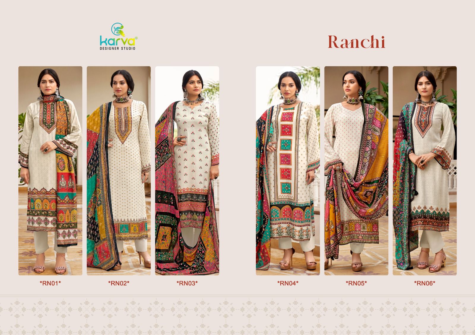 Ranchi Karva Designer Studio Viscose Muslin Pant Style Suits Manufacturer Gujarat