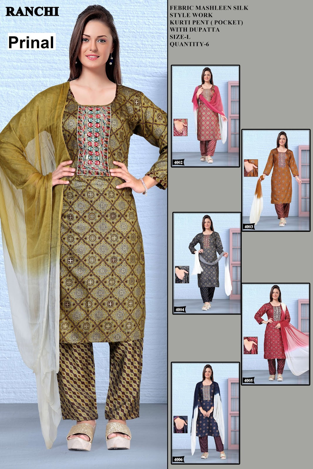 Ranchi Prinal Muslin Silk Readymade Pant Style Suits Exporter