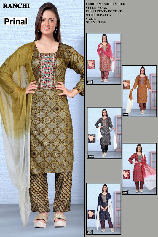 Ranchi Prinal Muslin Silk Readymade Pant Style Suits Exporter