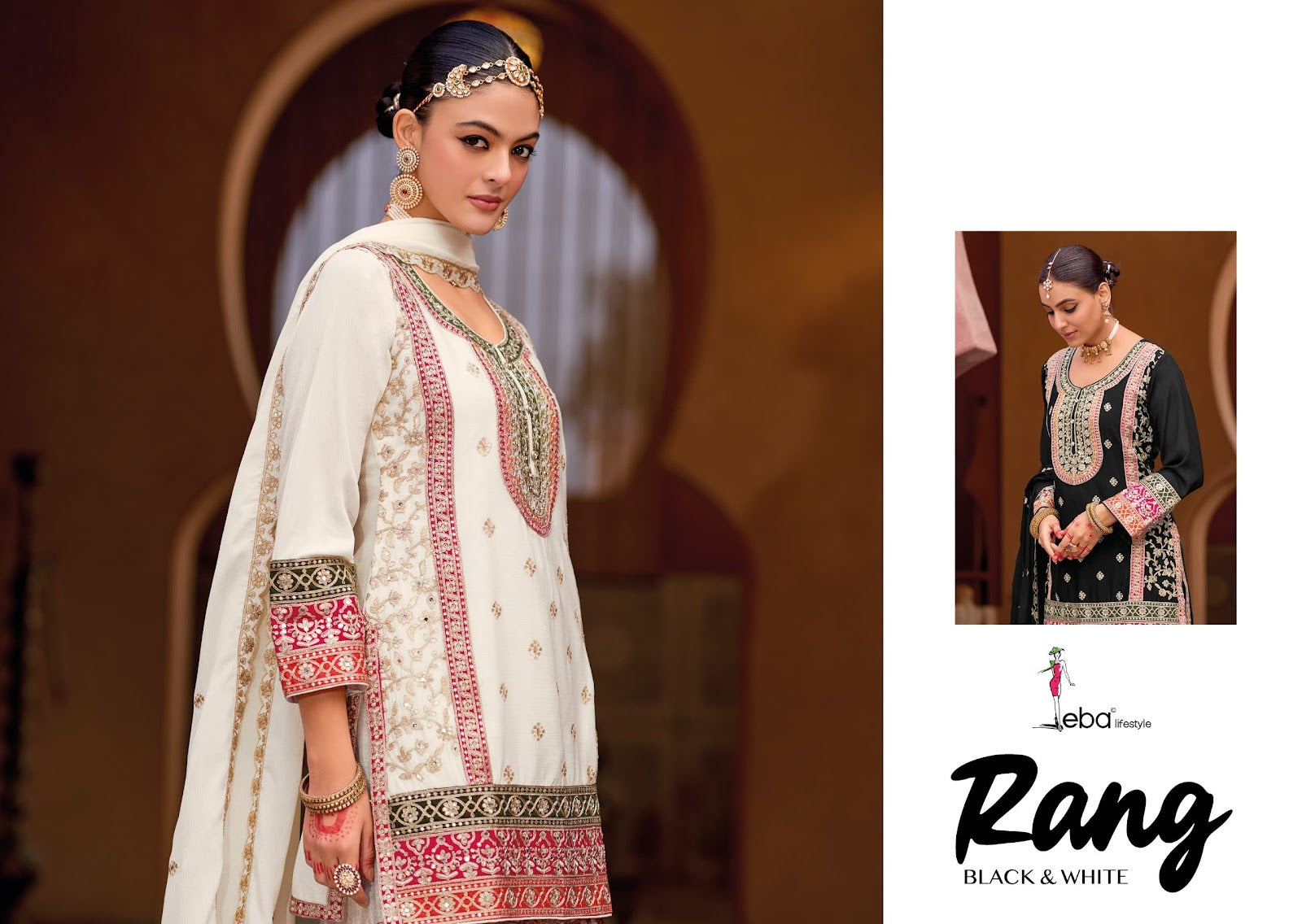 Rang Black And White Eba Lifestyle Chinon Pakistani Readymade Suits Supplier Ahmedabad