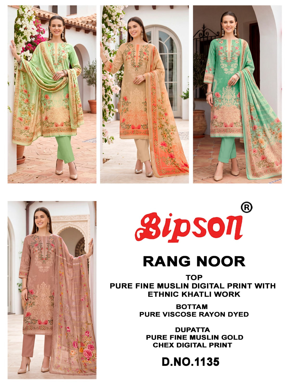Rang Noor 1135 Bipson Prints Muslin Pant Style Suits Supplier Gujarat