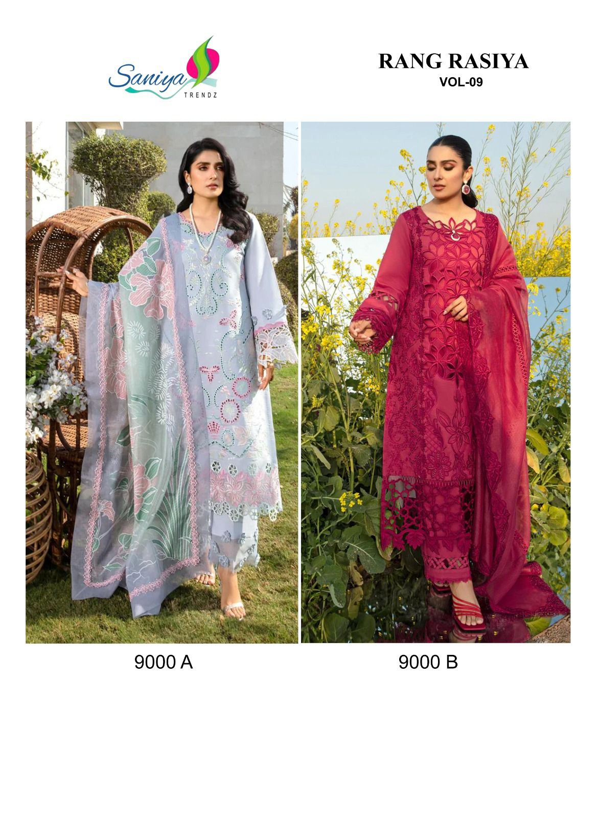Rang Rasiya Vol 9 Series 9000 Saniya Trendz Cotton Pakistani Salwar Suits Wholesaler Ahmedabad
