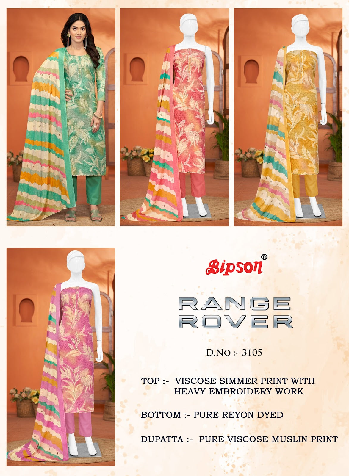 Range Rover 3105 Bipson Prints Pure Viscose Pant Style Suits Wholesaler Gujarat