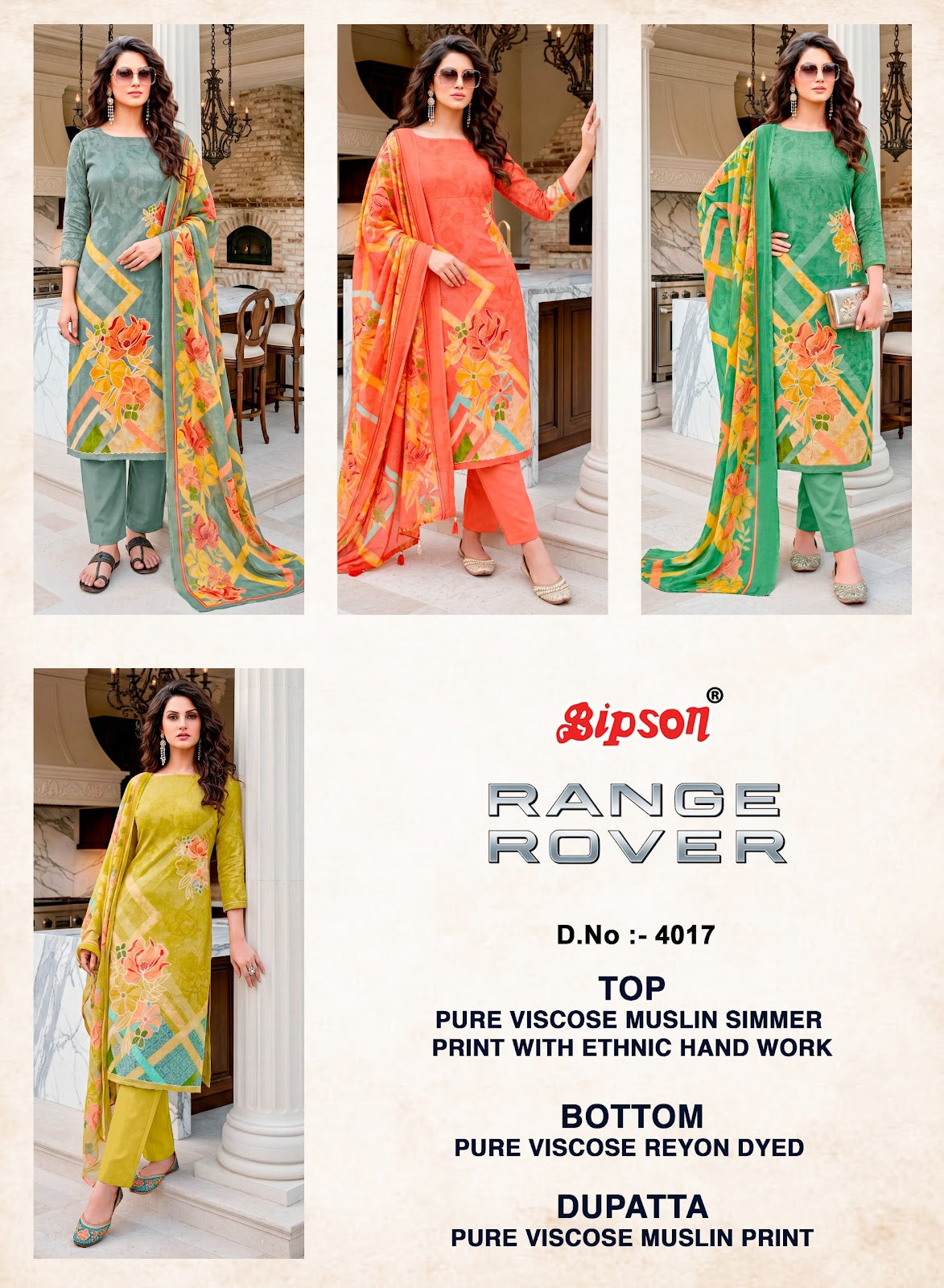 Range Rover 3949-3965-4017 Bipson Prints Viscose Muslin Pant Style Suits Supplier India