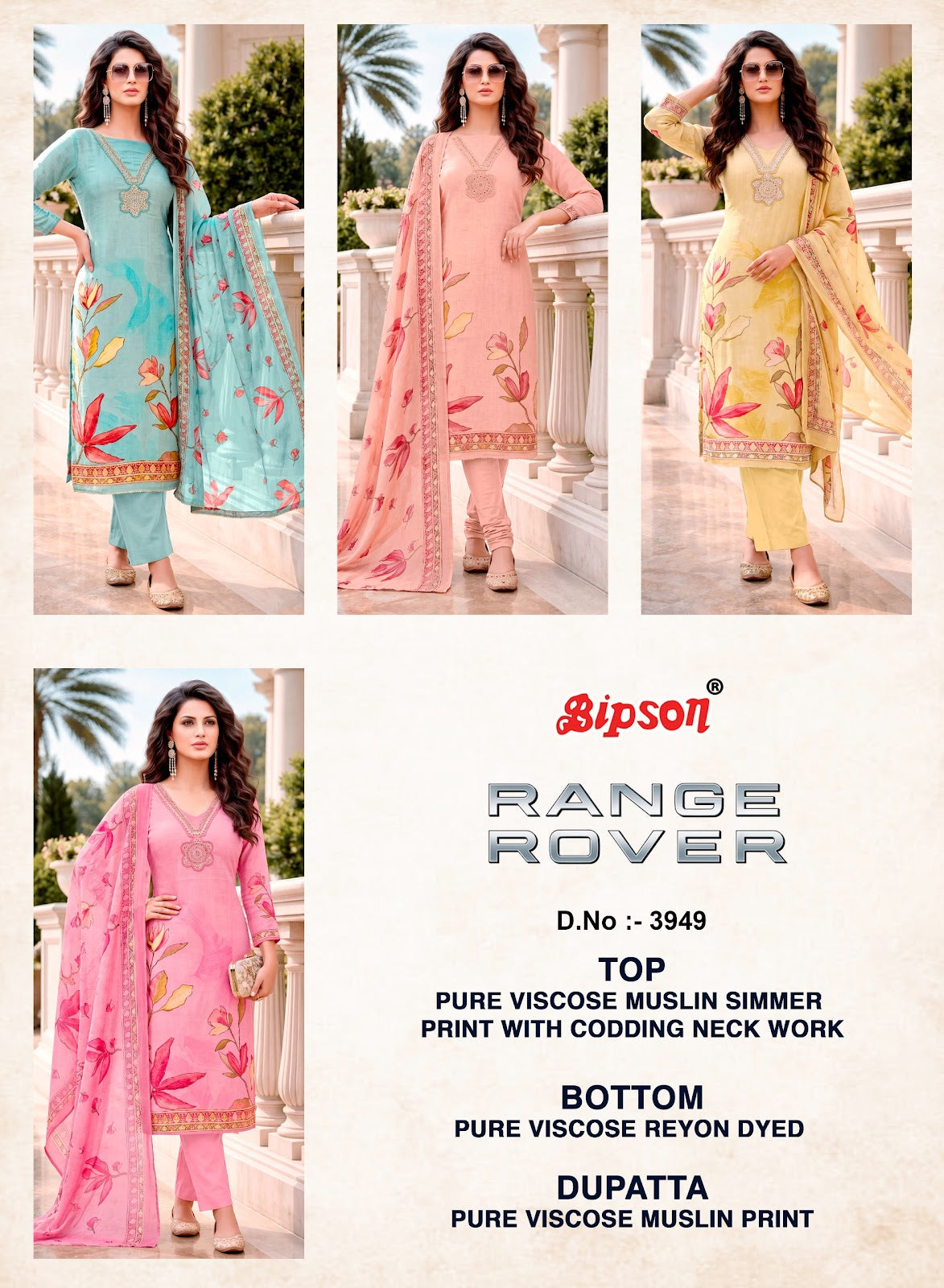 Range Rover 3949-3965-4017 Bipson Prints Viscose Muslin Pant Style Suits Supplier India