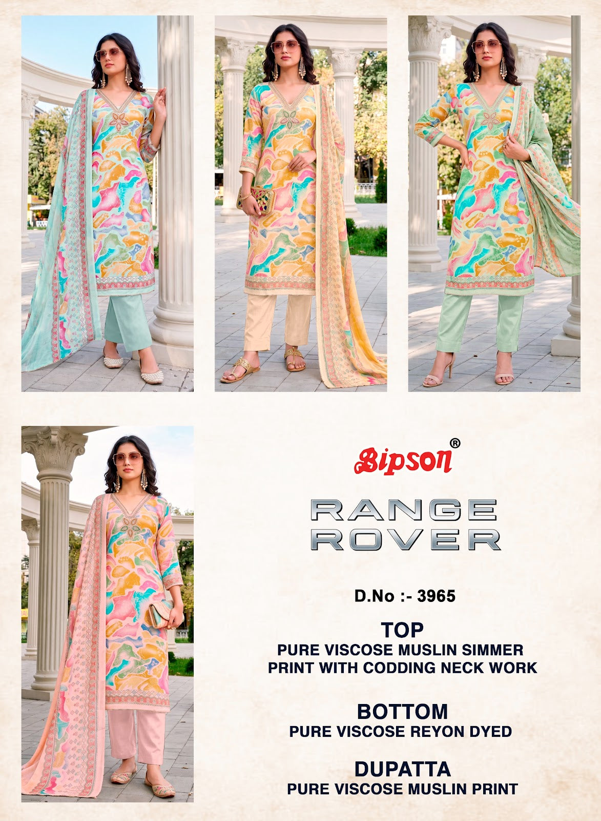 Range Rover 3949-3965-4017 Bipson Prints Viscose Muslin Pant Style Suits Supplier India