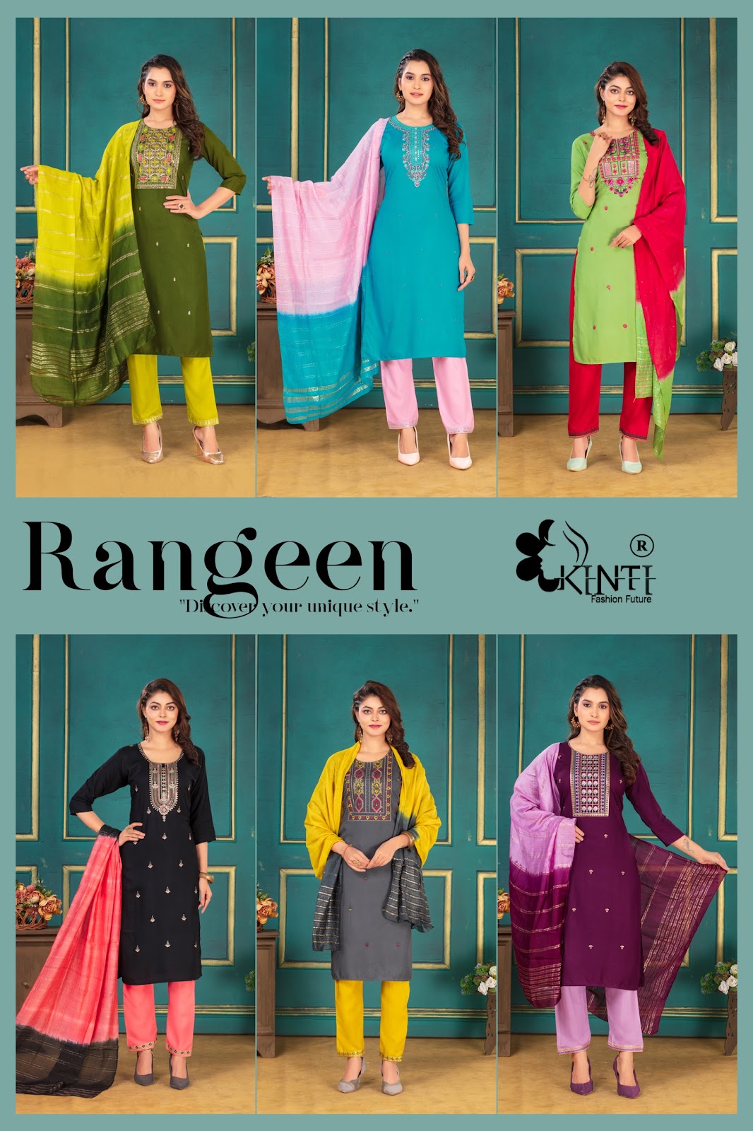 Rangeen Kinti Rayon Readymade Pant Style Suits Wholesaler