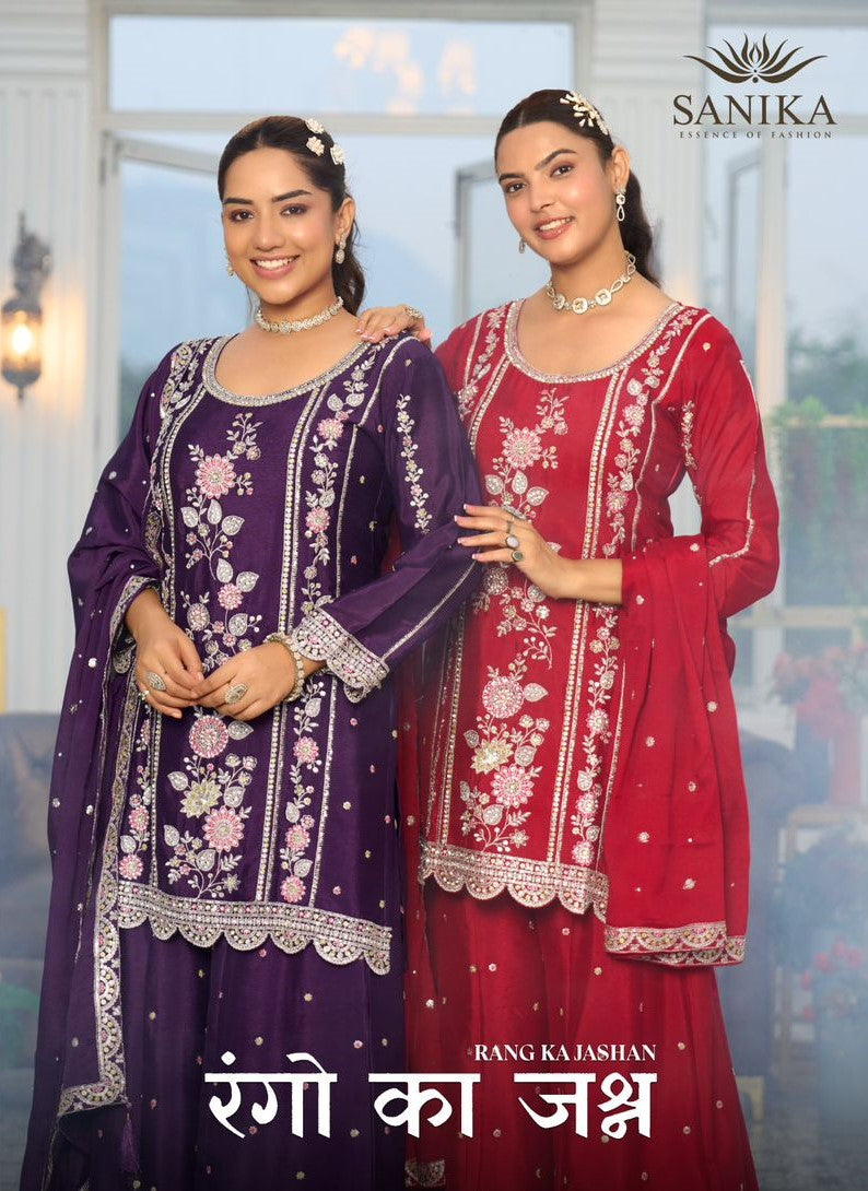 Rango Ka Jashan Sanika Fashion Chinnon Silk Readymade Plazzo Style Suits Exporter