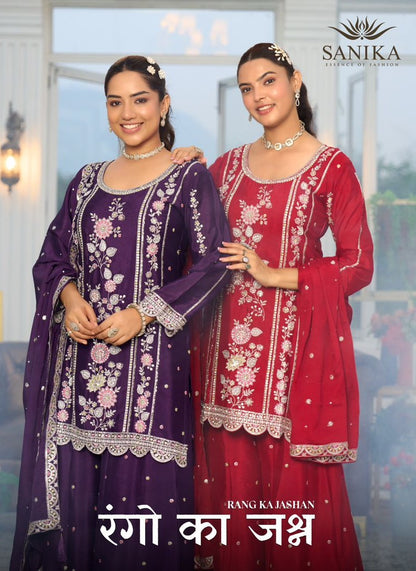 Rango Ka Jashan Sanika Fashion Chinnon Silk Readymade Plazzo Style Suits Exporter
