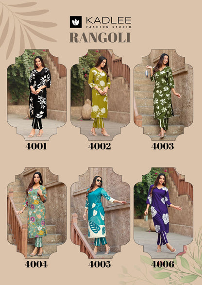 Rangoli Kadlee Rayon Kurti Pant Set Wholesale Price