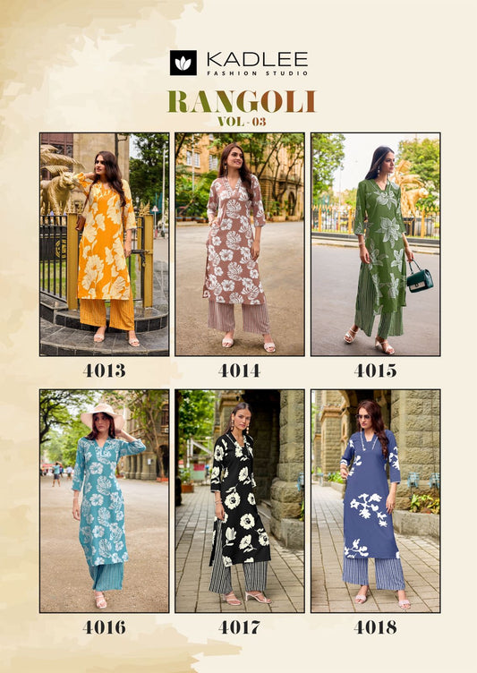 Rangoli Vol 3 Kadlee Rayon Kurti Plazzo Set Exporter India