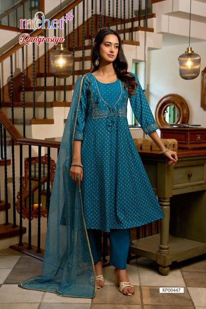 Rangrasiya Meher Roman Silk Readymade Anarkali Suits Wholesale Price
