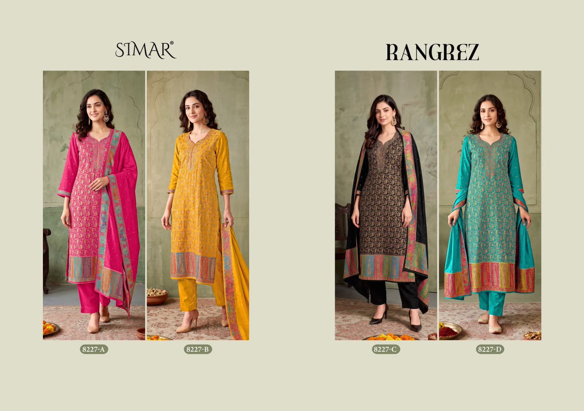 Rangrez Simar Silk Jacquard Pant Style Suits Manufacturer Ahmedabad