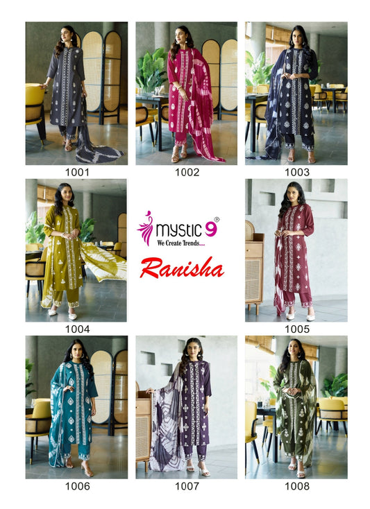 Ranisha Vol 1 Mystic 9 Rayon Readymade Pant Style Suits Exporter