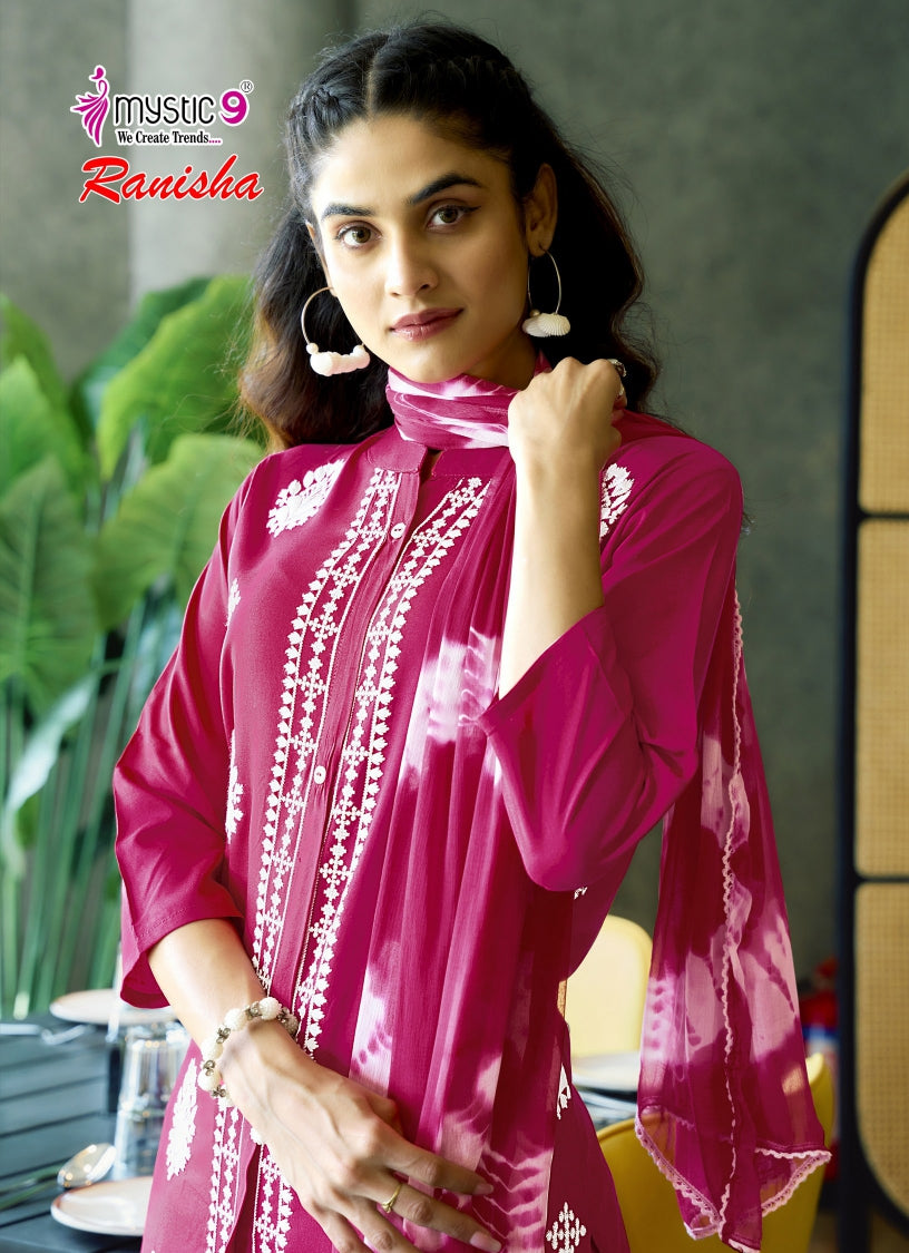 Ranisha Vol 1 Mystic 9 Rayon Readymade Pant Style Suits Exporter
