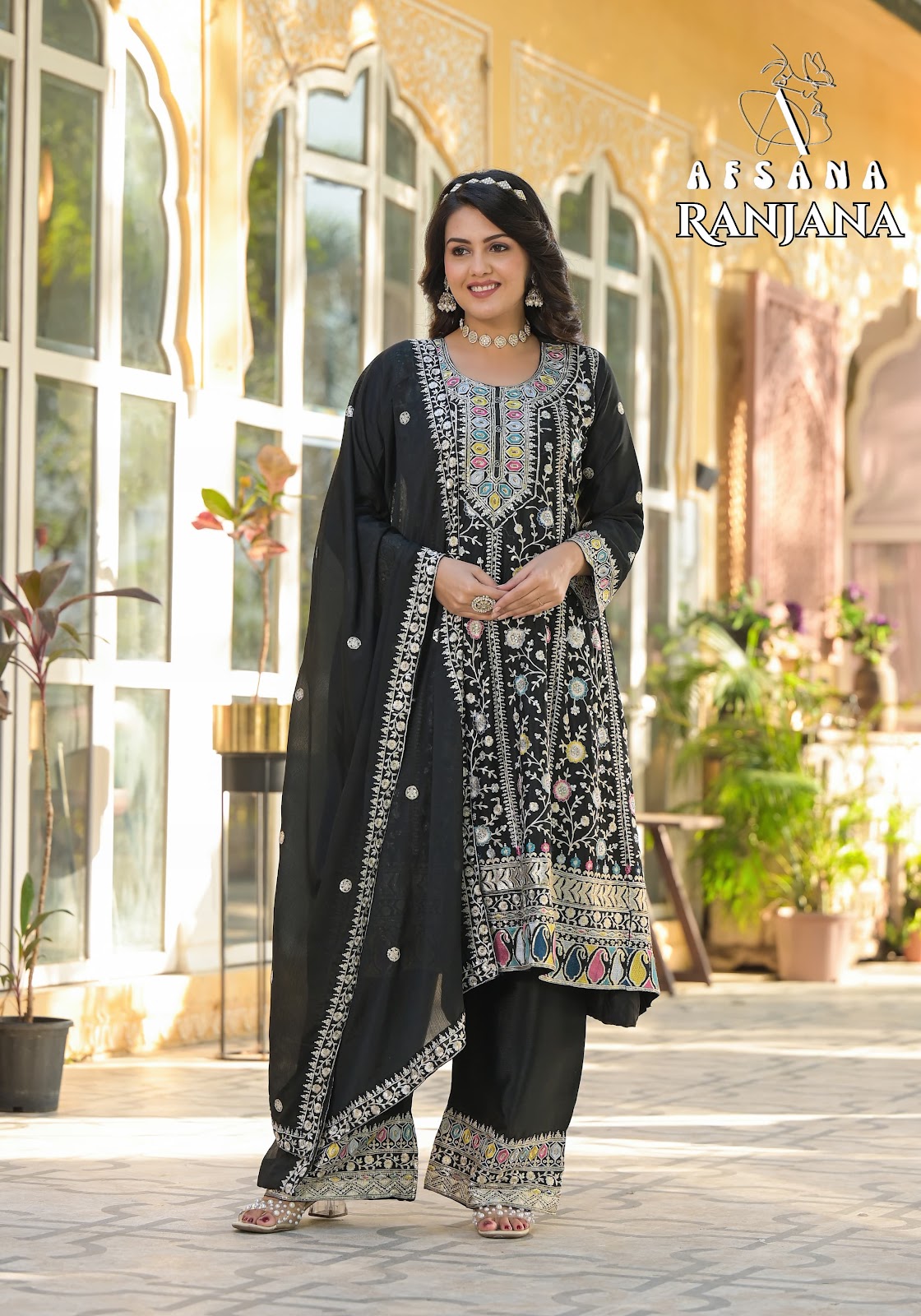Ranjana Black Afsana Chinon Readymade Plazzo Style Suits Manufacturer India