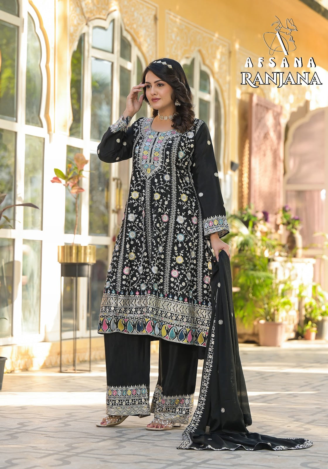 Ranjana Black Afsana Chinon Readymade Plazzo Style Suits Manufacturer India