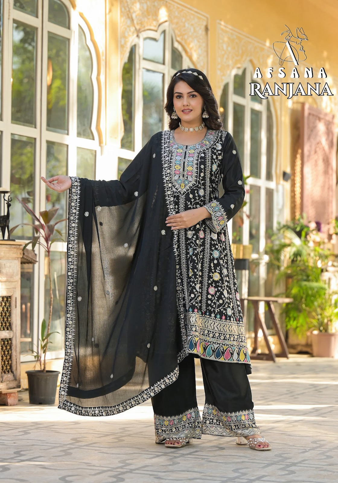 Ranjana Black Afsana Chinon Readymade Plazzo Style Suits Manufacturer India