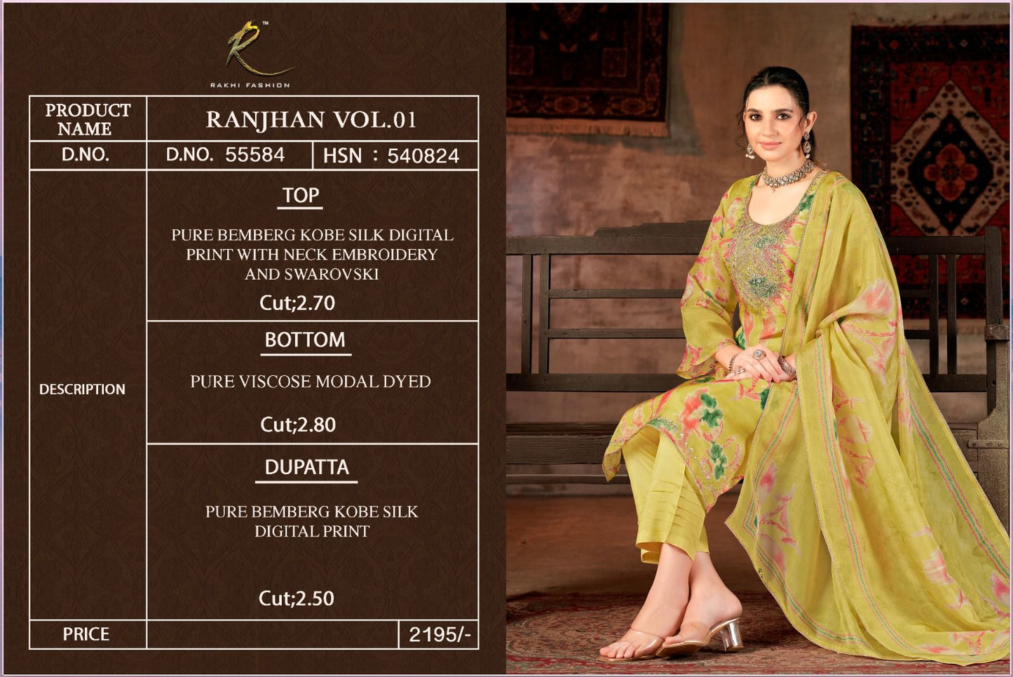 Ranjhan Vol 1 Rakhi Fashion Pure Bemberg Pant Style Suits Supplier Gujarat
