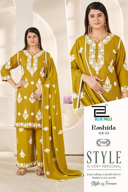 Rashida Vol 3 Blue Hills Rayon 14Kg Readymade Plazzo Style Suits Supplier India