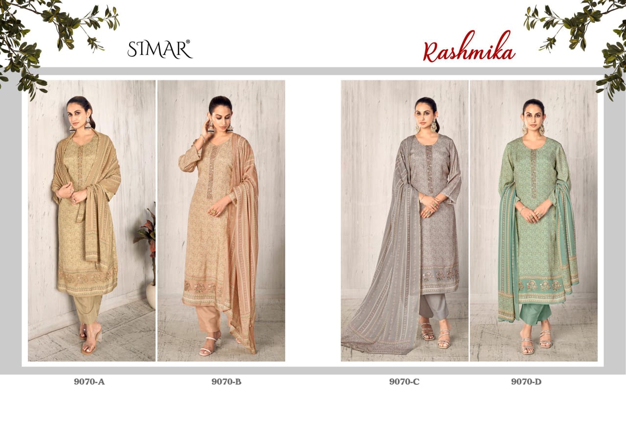 Rashmika Simar Glossy Viscose Muslin Pant Style Suits Exporter Ahmedabad