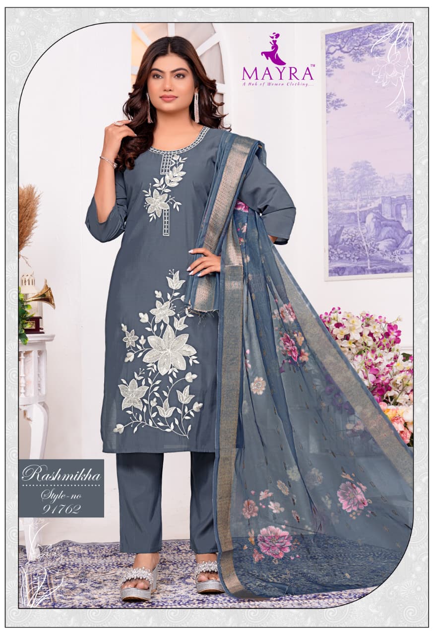 Rashmikha Mayra Roman Silk Readymade Pant Style Suits Wholesale