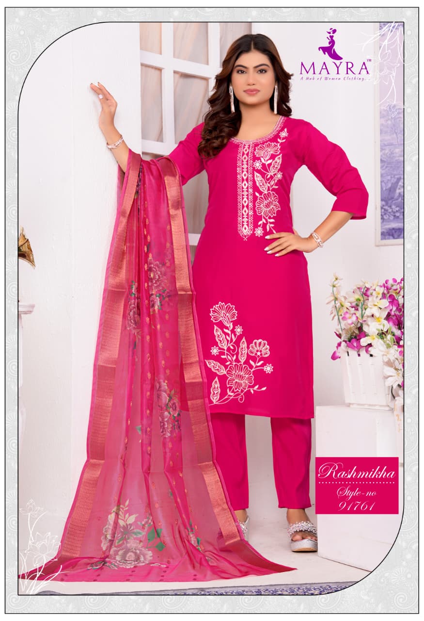 Rashmikha Mayra Roman Silk Readymade Pant Style Suits Wholesale