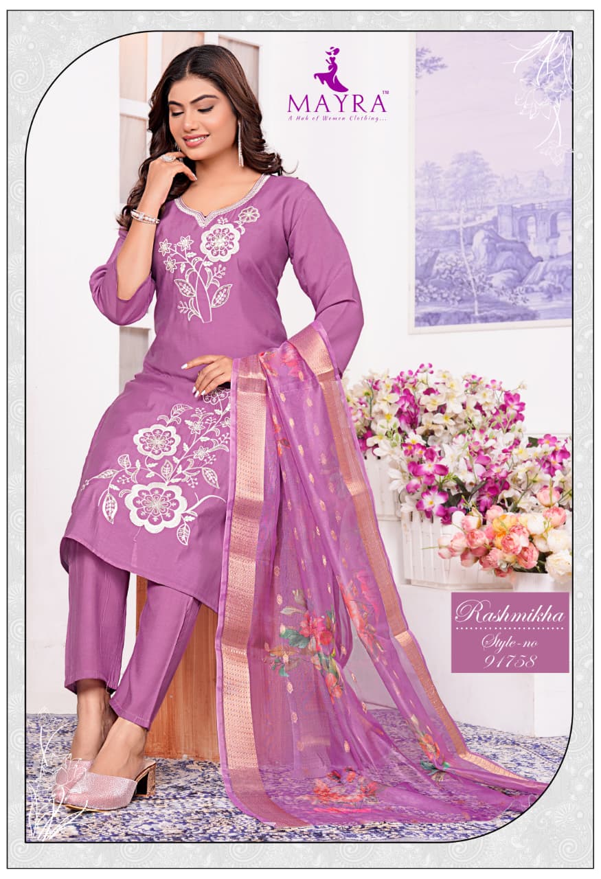 Rashmikha Mayra Roman Silk Readymade Pant Style Suits Wholesale