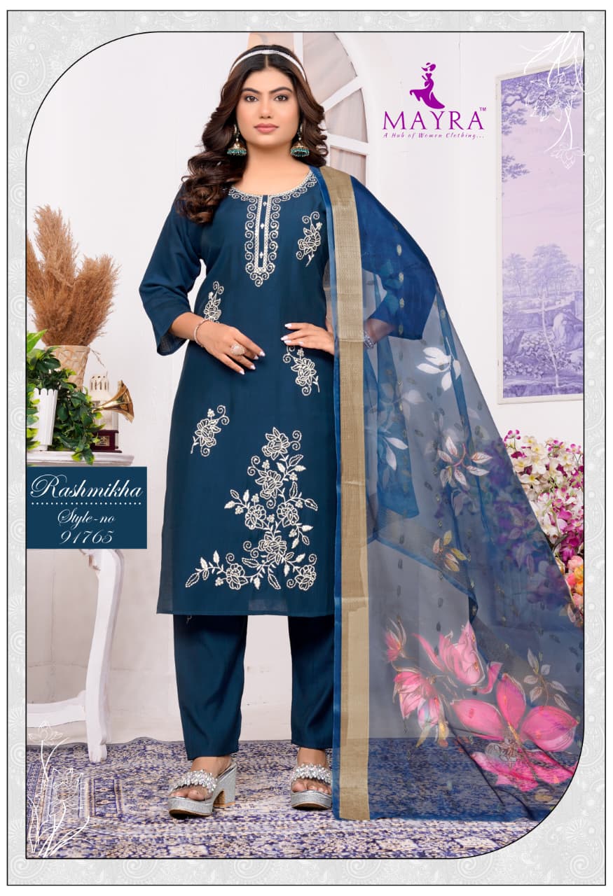 Rashmikha Mayra Roman Silk Readymade Pant Style Suits Wholesale