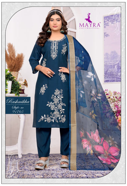 Rashmikha Mayra Roman Silk Readymade Pant Style Suits Wholesale