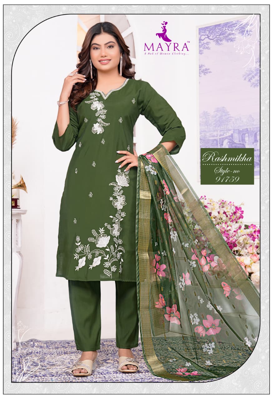 Rashmikha Mayra Roman Silk Readymade Pant Style Suits Wholesale