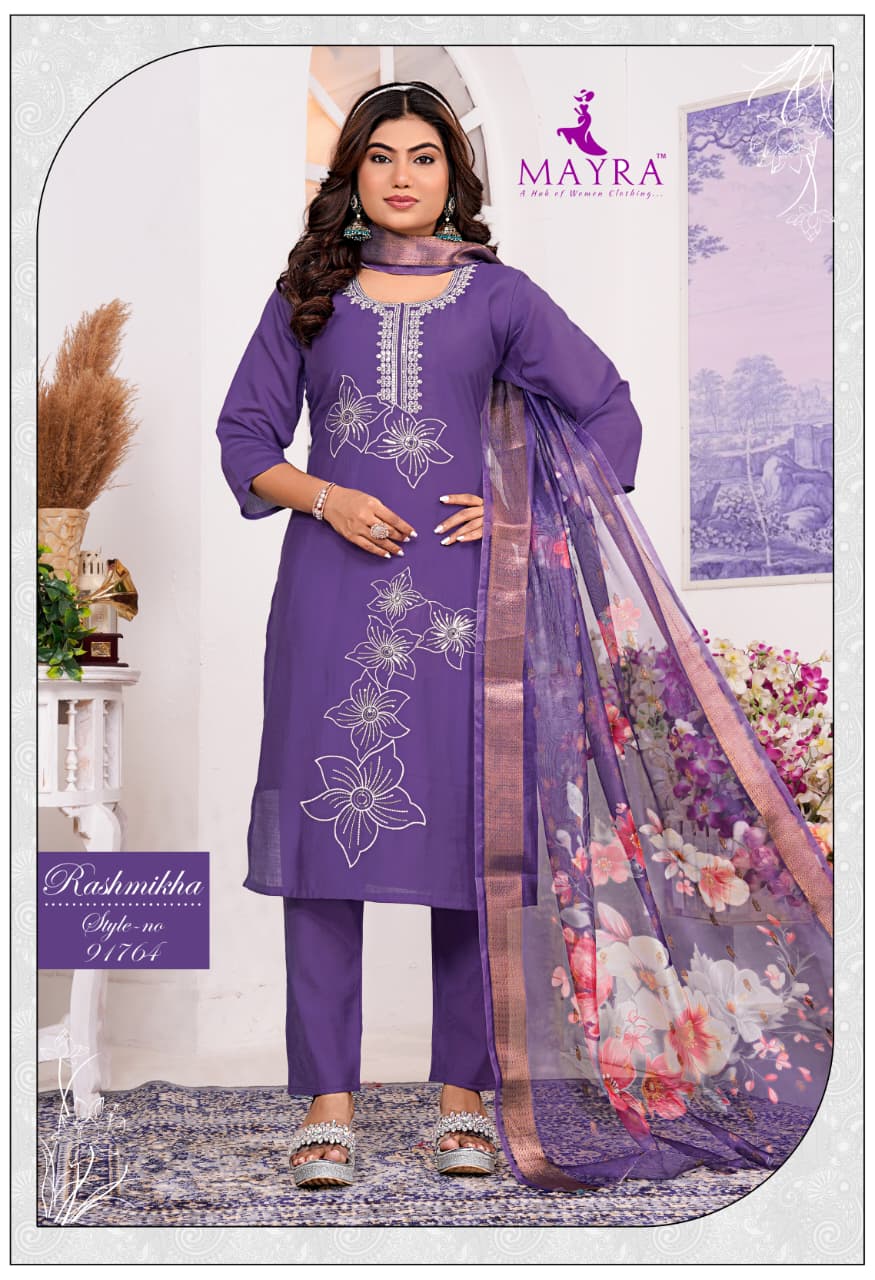 Rashmikha Mayra Roman Silk Readymade Pant Style Suits Wholesale