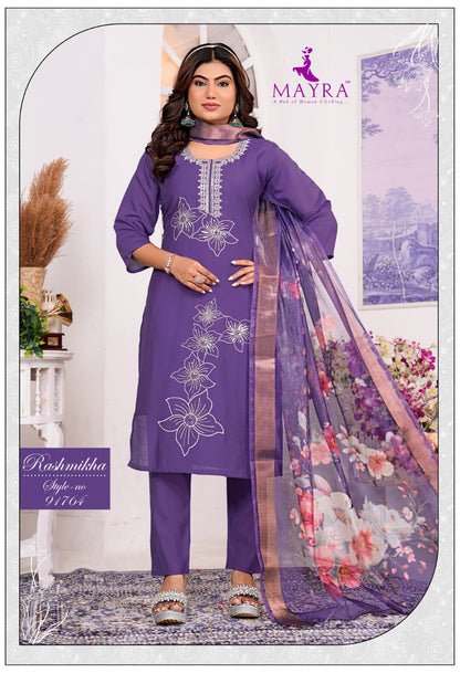 Rashmikha Mayra Roman Silk Readymade Pant Style Suits Wholesale