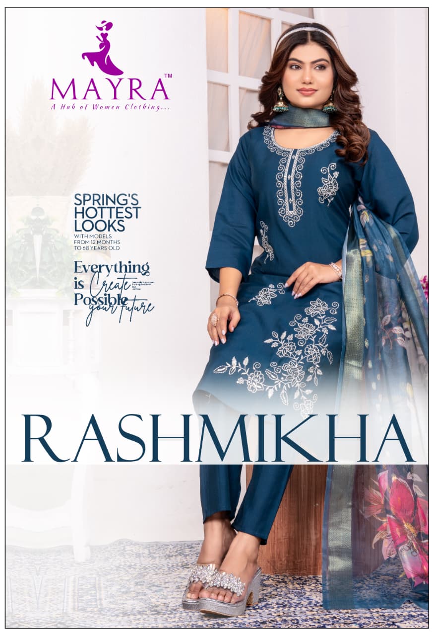 Rashmikha Mayra Roman Silk Readymade Pant Style Suits Wholesale